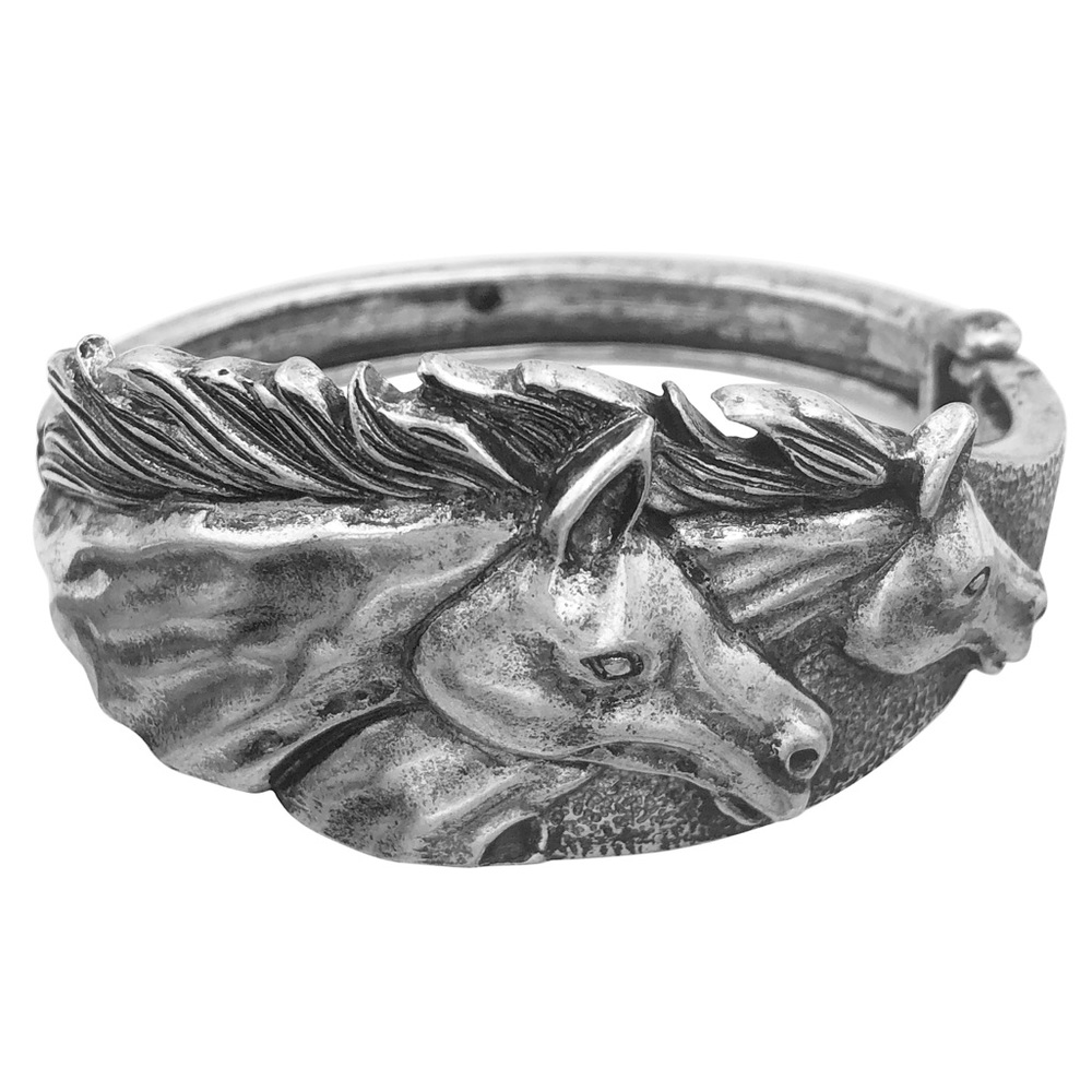 Horse Head Western Style Racing Burnished Silver Hinged Bangle Bracelet